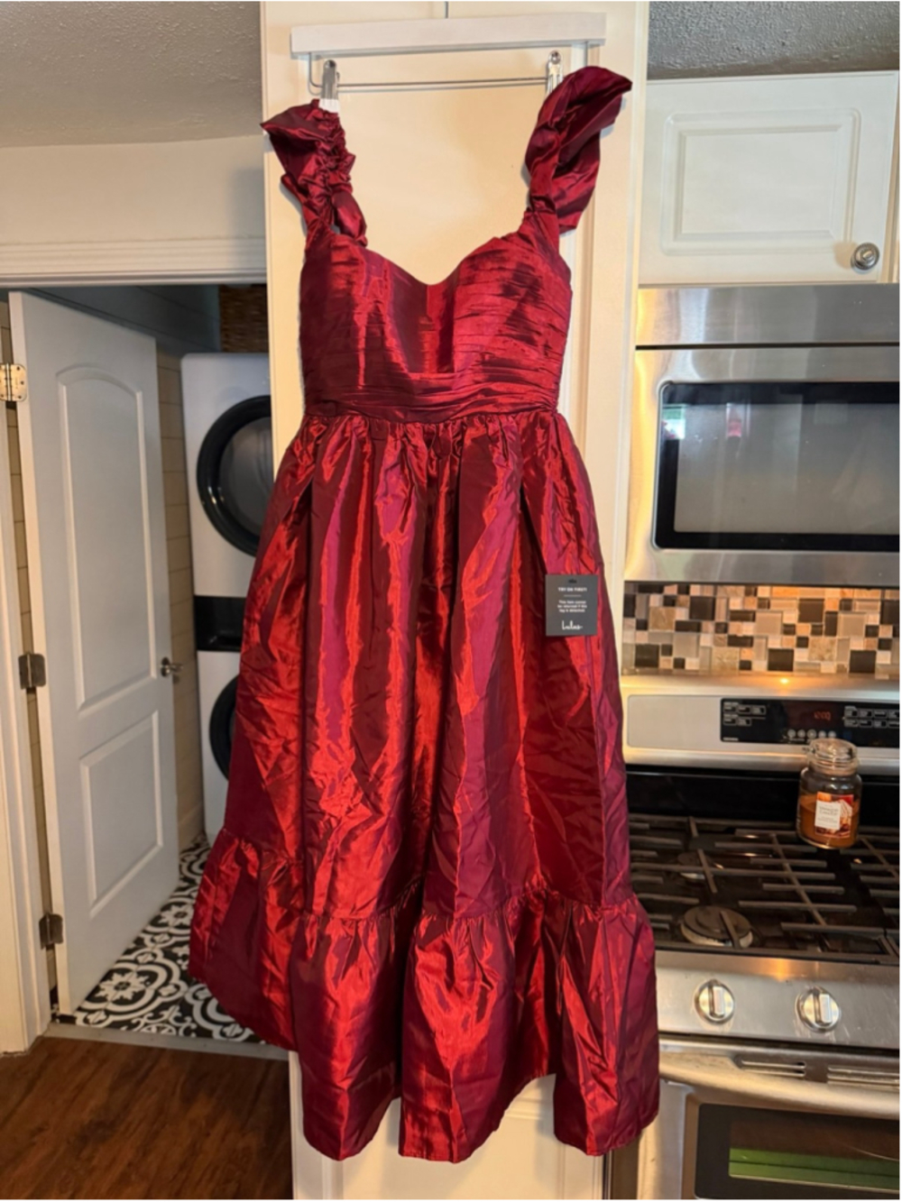 NWT Lulus Poised Passion Wine Red Taffeta Pleated Ruffled Midi Dress Size S - Picture 5 of 9